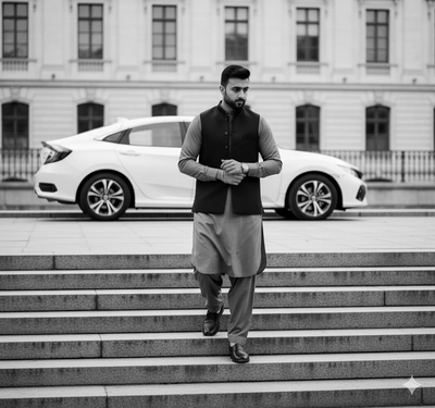 Walking person in Pakistani traditional shilwar kameez