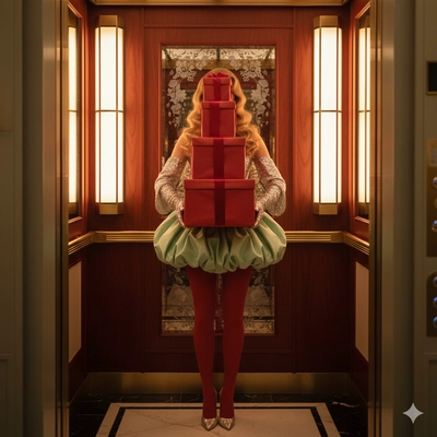 Woman with Christmas gifts in elevator