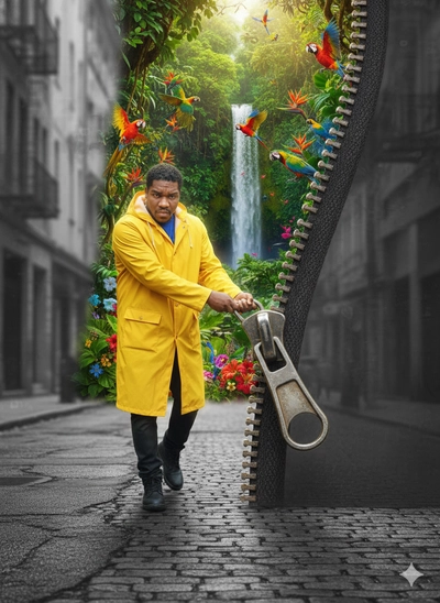 zíper metálico gigante que flutua no ar